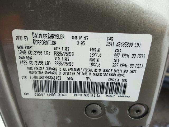 1J4GL38K35W641493 - 2005 JEEP LIBERTY RE BEIGE photo 10