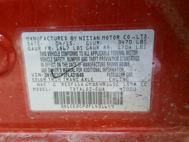 3N1CE2CP2FL431649 - 2015 NISSAN VERSA NOTE RED photo 10