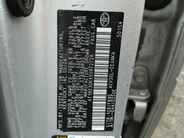 4T1BE30K45U972726 - 2005 TOYOTA CAMRY LE SILVER photo 10