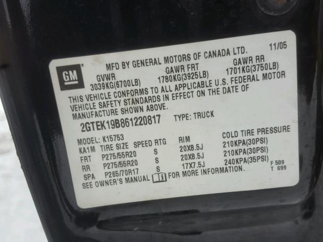 2GTEK19B861220817 - 2006 GMC NEW SIERRA BLACK photo 10