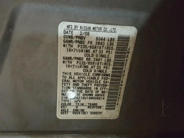 JN8AZ18U19W009814 - 2009 NISSAN MURANO S GRAY photo 10