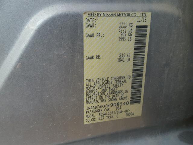 1N4AB7APXDN908540 - 2013 NISSAN SENTRA S SILVER photo 10