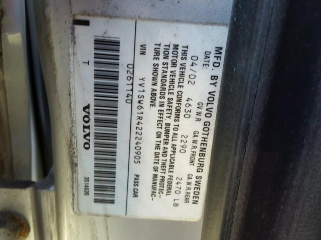 YV1SW61R422240905 - 2002 VOLVO V70 SILVER photo 10