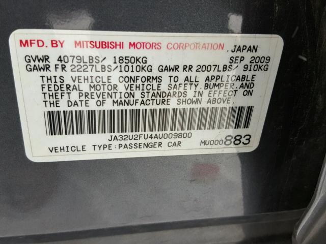 JA32U2FU4AU009800 - 2010 MITSUBISHI LANCER ES/ GRAY photo 10