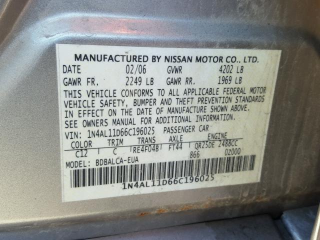 1N4AL11D66C196025 - 2006 NISSAN ALTIMA S TAN photo 10