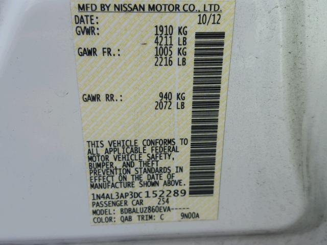 1N4AL3AP3DC152289 - 2013 NISSAN ALTIMA 2.5 WHITE photo 10