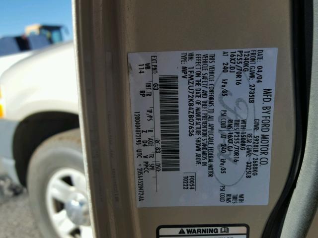 1FMZU72K84ZB07636 - 2004 FORD EXPLORER X TAN photo 10