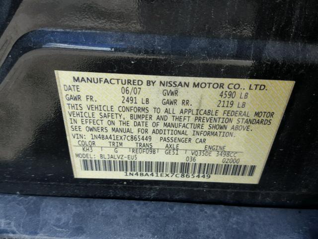 1N4BA41EX7C865449 - 2007 NISSAN MAXIMA SE BLACK photo 10