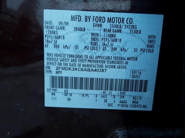 2FMDK3KC6ABA40387 - 2010 FORD EDGE LIMIT BURGUNDY photo 10