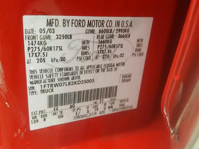 1FTRW07L83KD35005 - 2003 FORD F150 SUPER RED photo 10