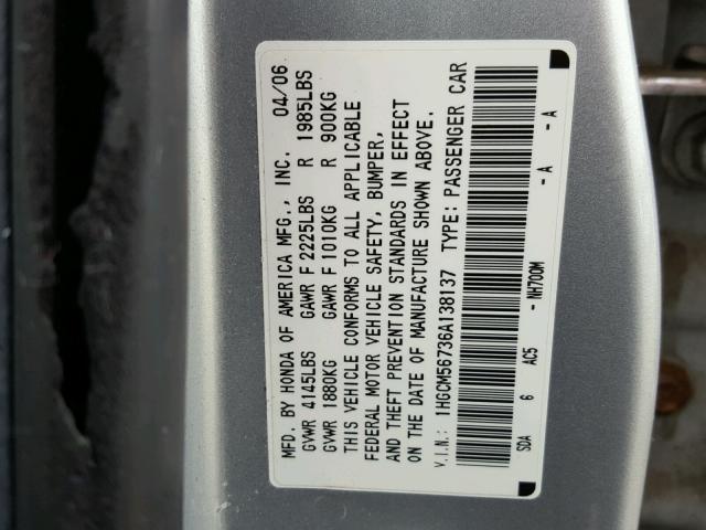 1HGCM56736A138137 - 2006 HONDA ACCORD EX SILVER photo 10