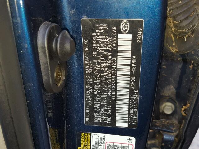 4T1BE32K84U334233 - 2004 TOYOTA CAMRY LE ლურჯი ფოტო 10