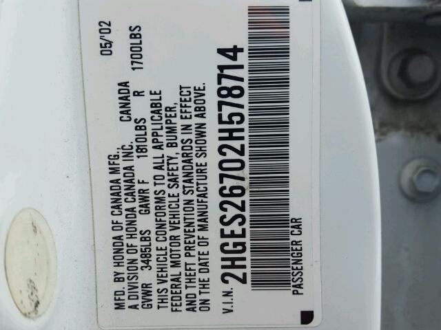 2HGES26702H578714 - 2002 HONDA CIVIC EX თეთრი ფოტო 10