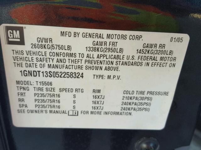 1GNDT13S052258324 - 2005 CHEVROLET TRAILBLAZE GRAY photo 10