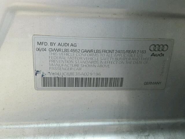 WAUJC68E35A029196 - 2005 AUDI A4 1.8T SILVER photo 10