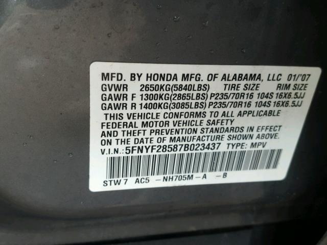 5FNYF28587B023437 - 2007 HONDA PILOT EXL GRAY photo 10