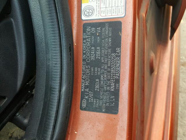 KNAFE121185020258 - 2008 KIA SPECTRA EX ORANGE photo 10