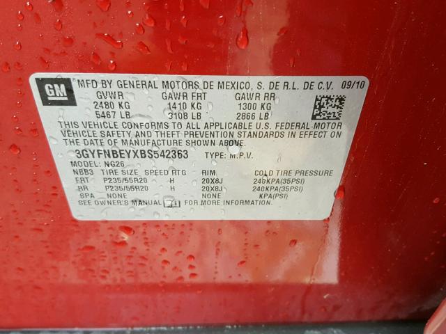 3GYFNBEYXBS542363 - 2011 CADILLAC SRX PERFOR 勃艮第红 照片 10