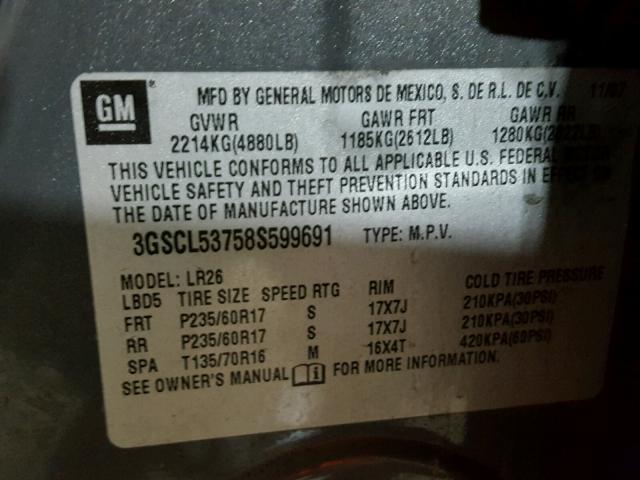 3GSCL53758S599691 - 2008 SATURN VUE XR GRAY photo 10