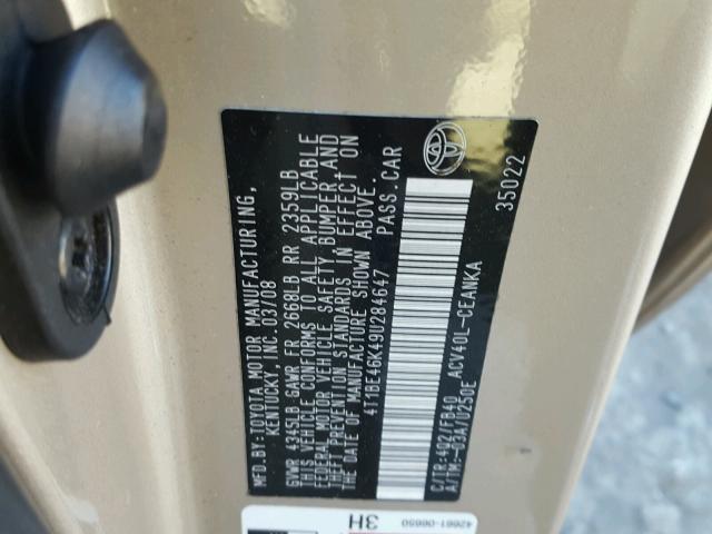 4T1BE46K49U284647 - 2009 TOYOTA CAMRY BASE GOLD photo 10