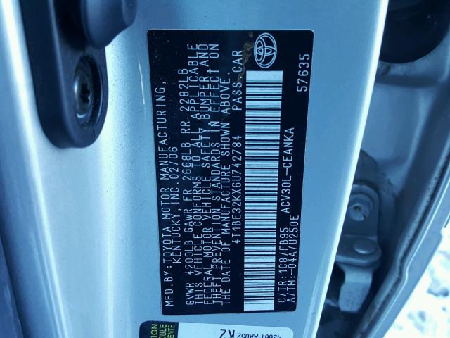 4T1BE32KX6U742784 - 2006 TOYOTA CAMRY LE SILVER photo 10