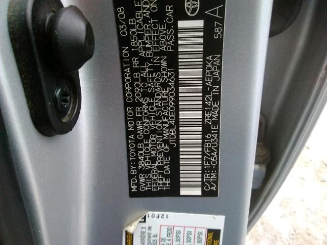 JTDBL40E099034631 - 2009 TOYOTA COROLLA BA SILVER photo 10