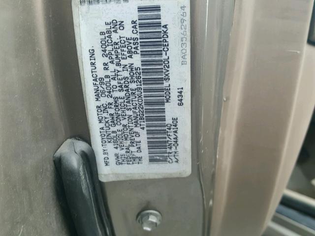 4T1BG22K0XU912625 - 1999 TOYOTA CAMRY CE TAN photo 10