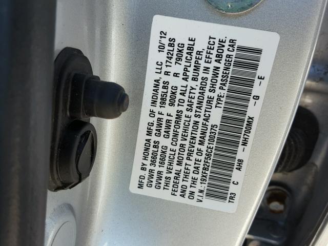 19XFB2F56CE100375 - 2012 HONDA CIVIC LX SILVER photo 10