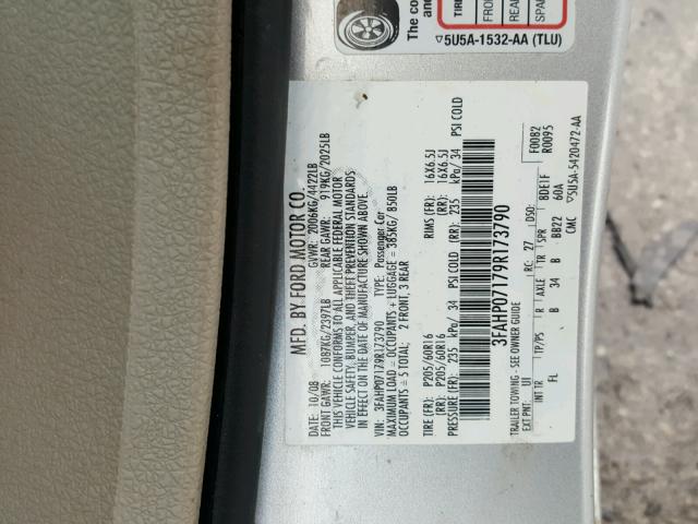 3FAHP07179R173790 - 2009 FORD FUSION SE SILVER photo 10