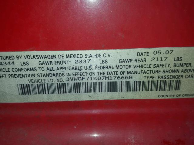 3VWGF71K07M176668 - 2007 VOLKSWAGEN JETTA RED photo 10