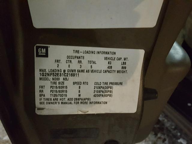 1G2NF52E31C216911 - 2001 PONTIAC GRAND AM S 棕色 照片 10