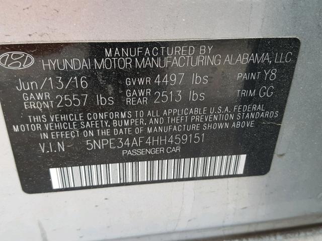 5NPE34AF4HH459151 - 2017 HYUNDAI SONATA SPO SILVER photo 10