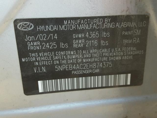 5NPEB4AC2EH874375 - 2014 HYUNDAI SONATA GLS SILVER photo 10