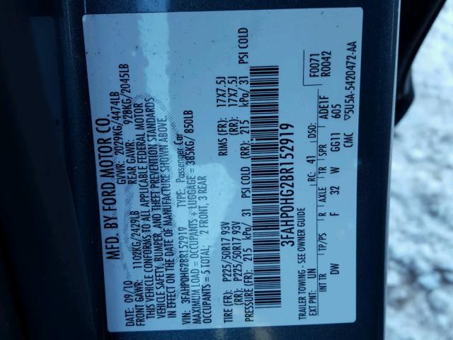 3FAHP0HG2BR152919 - 2011 FORD FUSION SE BLUE photo 10