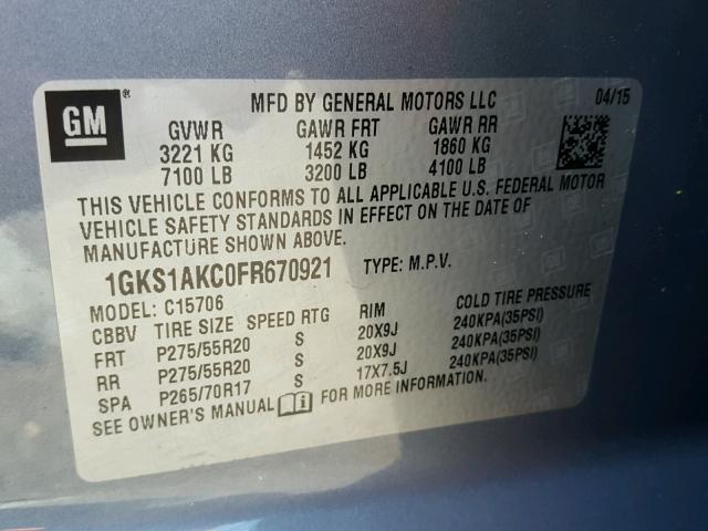 1GKS1AKC0FR670921 - 2015 GMC YUKON SLE GRAY photo 10