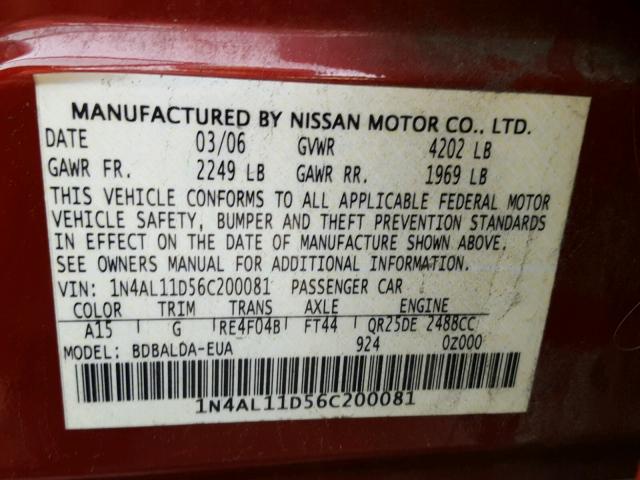 1N4AL11D56C200081 - 2006 NISSAN ALTIMA S RED photo 10