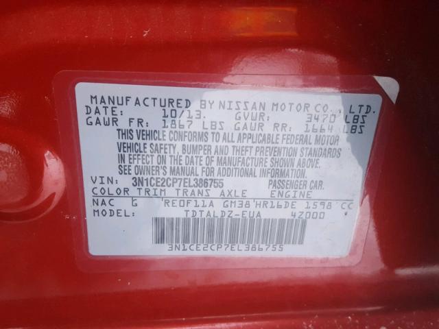 3N1CE2CP7EL386755 - 2014 NISSAN VERSA NOTE RED photo 10