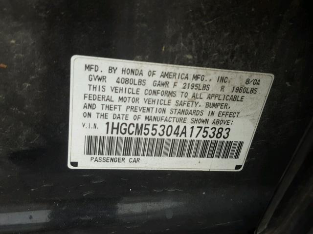 1HGCM55304A175383 - 2004 HONDA ACCORD LX BLACK photo 10