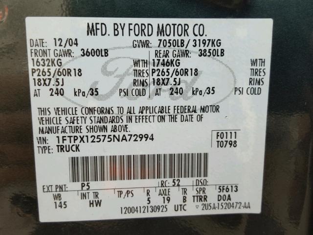 1FTPX12575NA72994 - 2005 FORD F150 GREEN photo 10