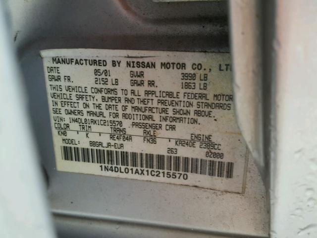 1N4DL01AX1C215570 - 2001 NISSAN ALTIMA GXE SILVER photo 10