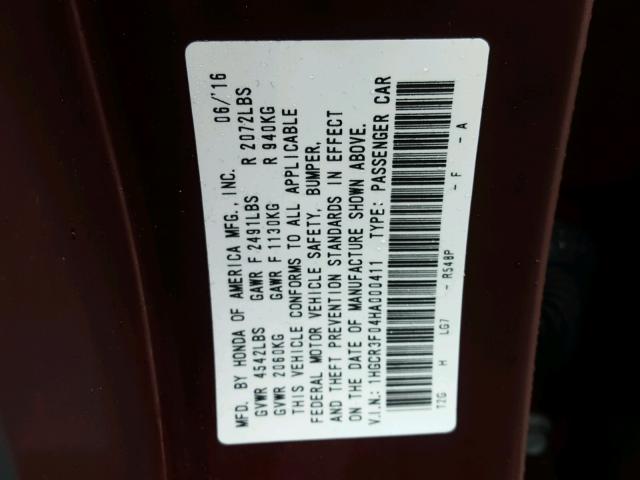 1HGCR3F04HA000411 - 2017 HONDA ACCORD EXL BURGUNDY photo 10