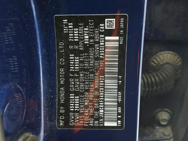 JHMCR6F54HC018423 - 2017 HONDA ACCORD HYB BLUE photo 10