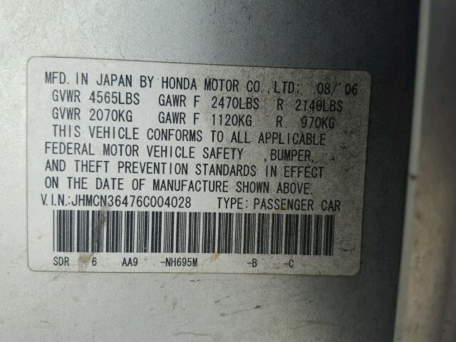 JHMCN36476C004028 - 2006 HONDA ACCORD HYB SILVER photo 10