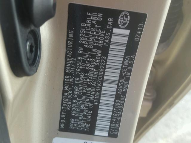 4T1BF1FK7CU092223 - 2012 TOYOTA CAMRY BASE BEIGE photo 10
