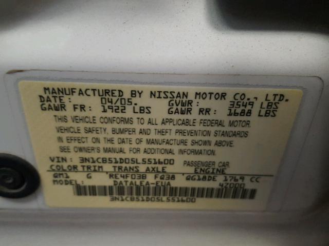 3N1CB51D05L551600 - 2005 NISSAN SENTRA 1.8 WHITE photo 10