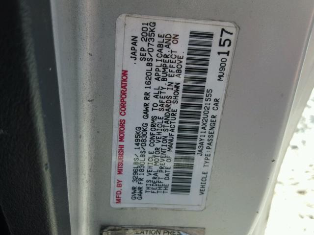 JA3AY11AX2U021555 - 2002 MITSUBISHI MIRAGE DE SILVER photo 10