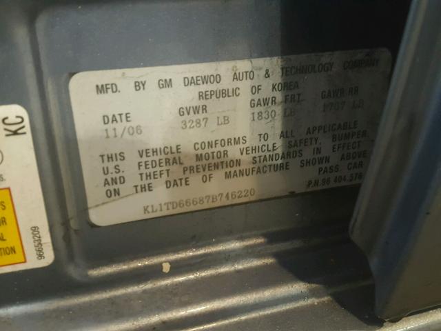 KL1TD66687B746220 - 2007 CHEVROLET AVEO BASE BLUE photo 10