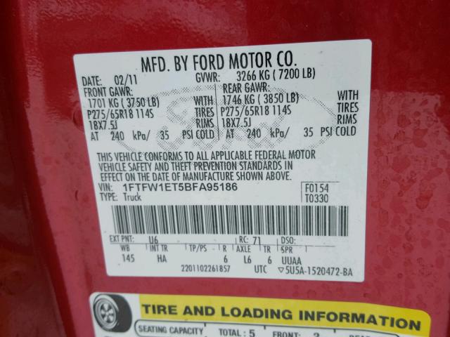 1FTFW1ET5BFA95186 - 2011 FORD F-150 RED photo 10