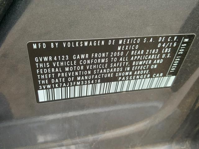 3VW1K7AJ3FM335416 - 2015 VOLKSWAGEN JETTA BASE GRAY photo 10
