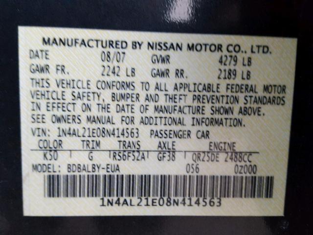 1N4AL21E08N414563 - 2008 NISSAN ALTIMA 2.5 GRAY photo 10